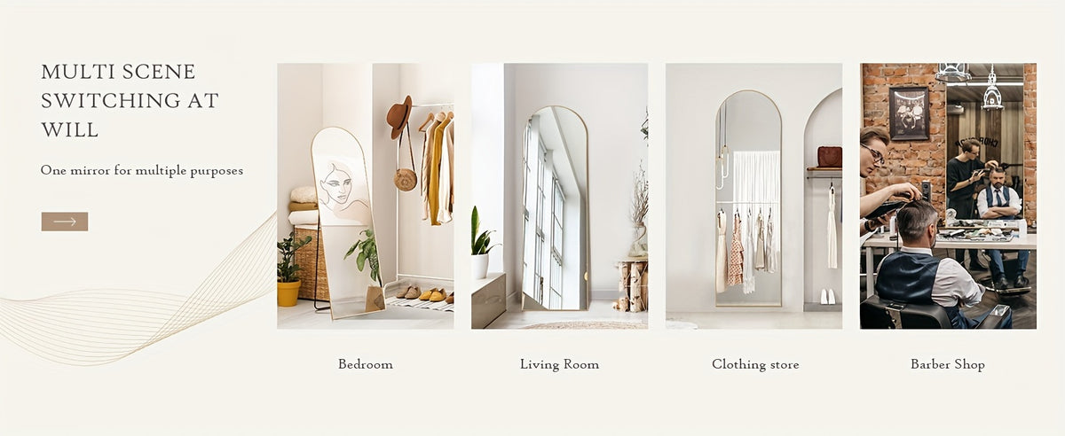 Arched Full Length 64" X 21"/ 59"x16"Mirror With Stand, Floor Mirror With Aluminum Alloy Frame For Bedroom, Standing Full Body Mirror With Shatter-Proof Nano Glass For Wall, Living Room, Cloakroom