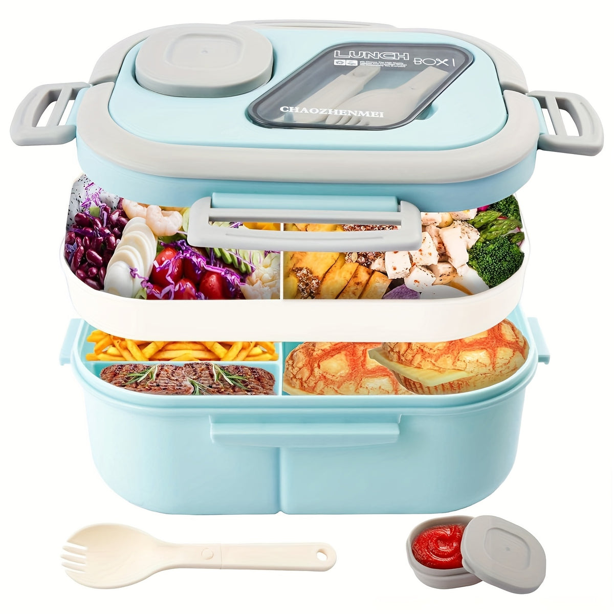 Two Tier Bento Lunch Box, Divided Meal Container in Pink, Blue, Green or White with Optional Cup and Lunch Bag Sets for School, Office and Picnics