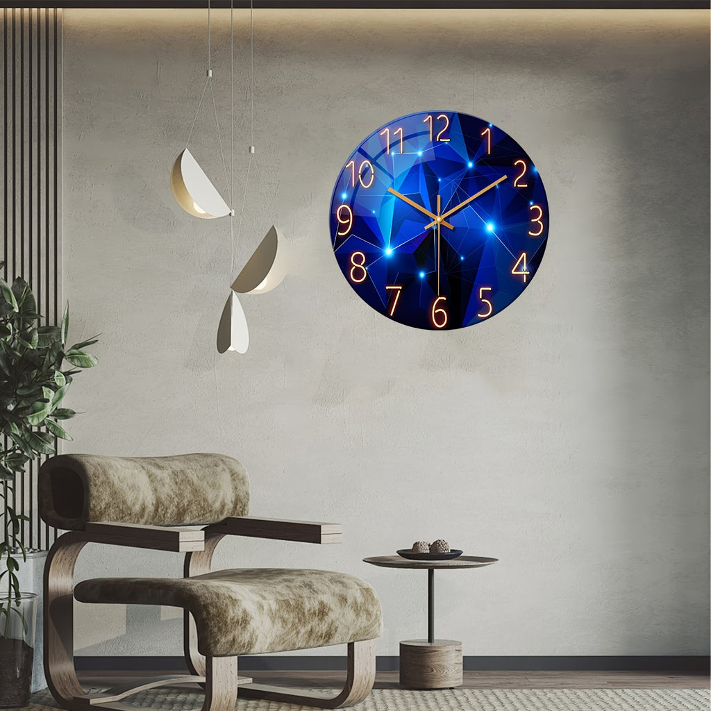 Large Modern Blue Glass Wall Clock - Dark Blue Accessories, 12-24 Inch Silent Quartz Clock, Battery-powered, Suitable for Living Room, Bedroom, Office Decorative Clock, Housewarming Gift, Home Decoration, Fantasy-style Design