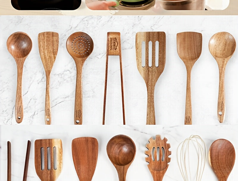 3/5/7Pcs Premium Wooden Kitchen Utensils Kit -Ergonomic Handles Natural Wooden Spoons Spurtle Ladle and Wok Spatulas Heavy-Duty Wooden Utility Set for Non-Stick Pans Heat Resistant Easy to Clean and Durable Kitchen Essentials Cookware Accessories