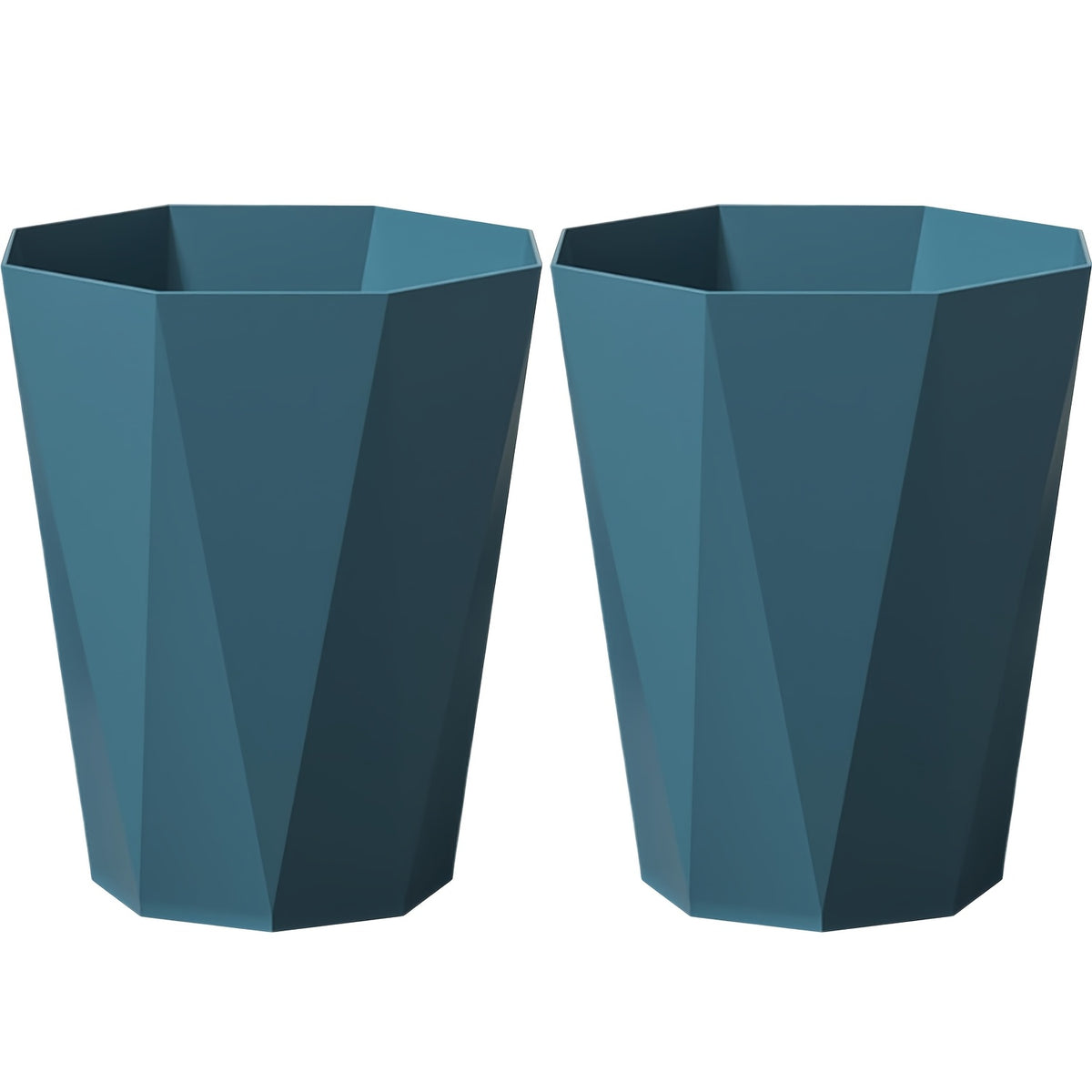Set of Two Octagonal Trash Bins in Nordic Design, Featuring Geometric Plastic Construction with a Brushed End. These Small Open-Top Wastebaskets Are Ideal for Use in for home Offices, Bathrooms, Kitchens, And Bedrooms
