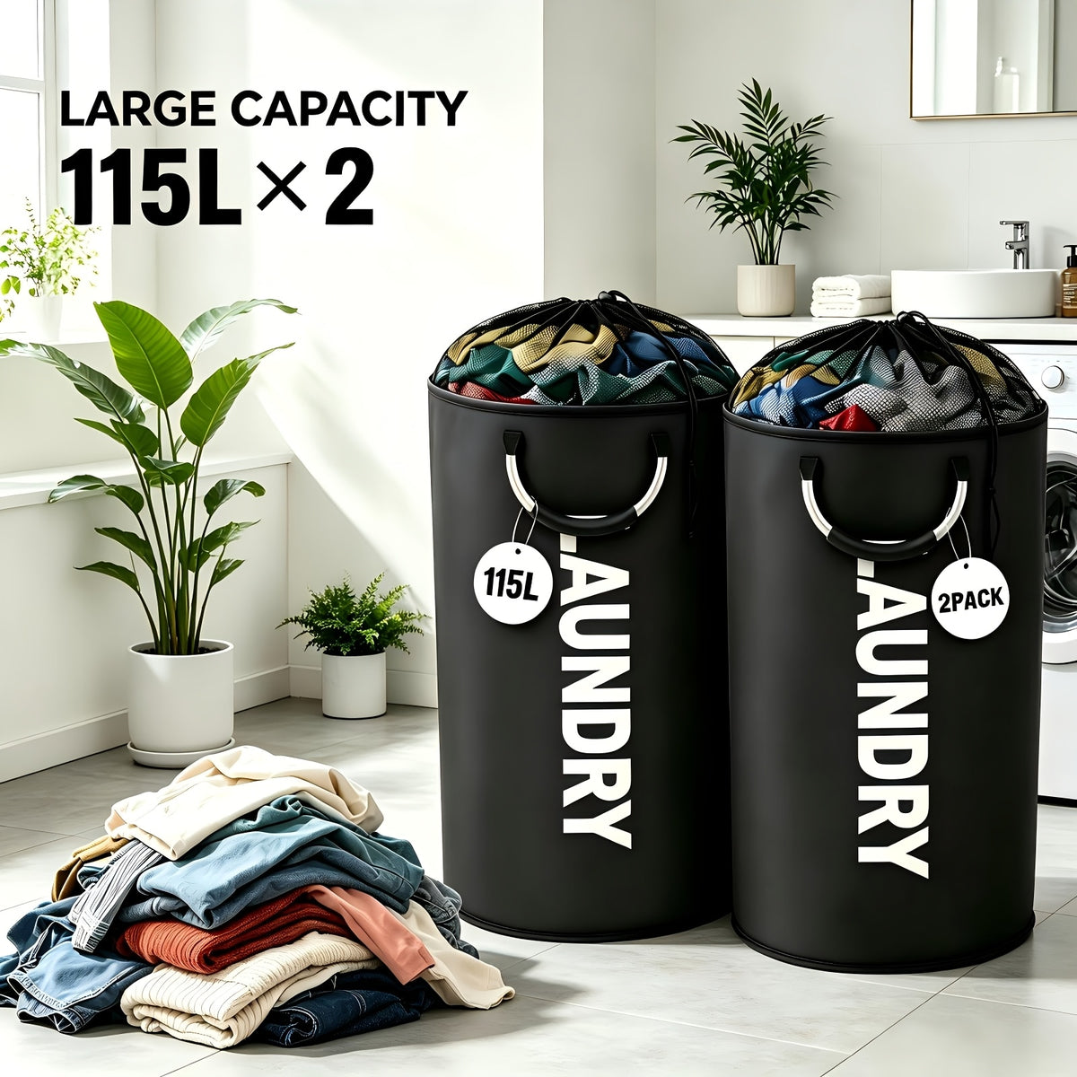 2-Pack Extra Large 25.1gal/30.38gal Foldable Laundry Baskets with New Drawstring Closure Design, Multi-Purpose Fabric Clothes Storage Baskets for Bathroom, Bedroom, Outdoor, And Dorm (Space-Saving Design); Each with Ring Handles, Premium Laundry Storage B