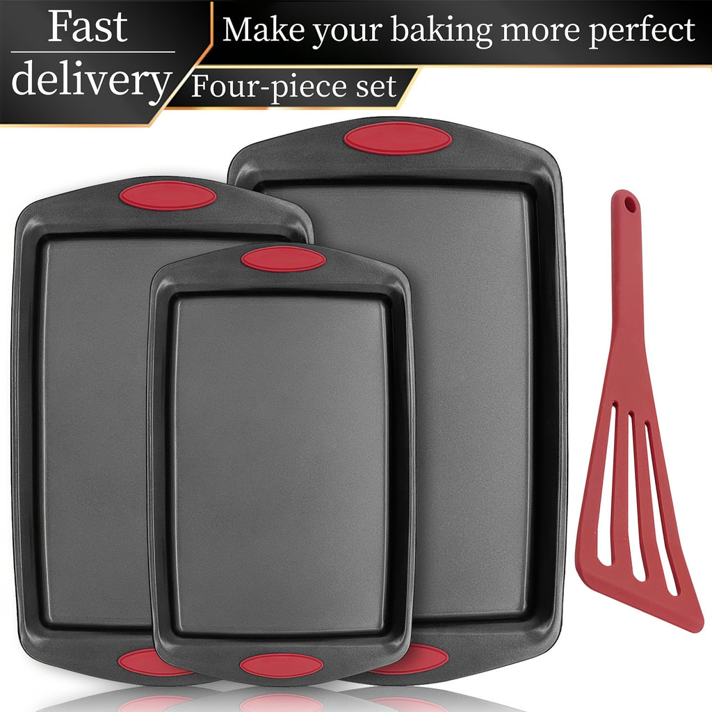 3-4pcs Non-stick Kitchen Oven Baking Pan - High Quality Stylish Non-stick Steel, Commercial Grade Restaurant Quality Metal Baking Pan Including Large, Medium And Small Pans For Baking And Baking With Red Silicone Handles - Easy To Clean, Black