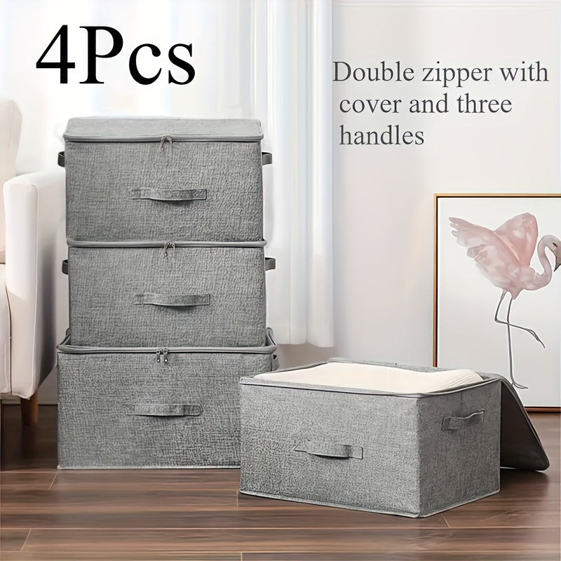 4pcs, Extra-large Foldable Cationic Storage Box, Waterproof Storage, Bed Sheet Organizers, Foldable Storage And Organization Boxsuitable For Wardrobes, Bedrooms, Kitchens, Books, Multi-functional Storage And Organization Box(dual Zippers, 3 Handles)