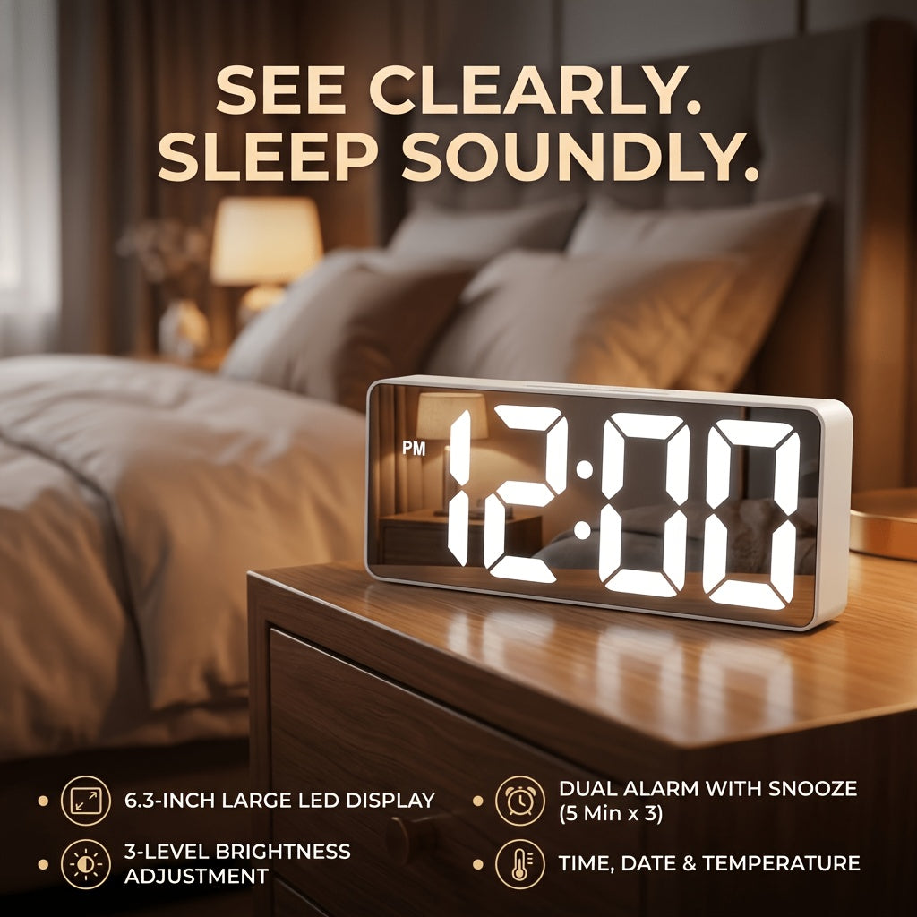 Latest Fashion Digital Clock, LED Alarm Clock for Bedroom, with Mirror, Shows Temperature And Day of The Week, Large Display Electronic Desk Clock, Adjustable Brightness, 12/24 Hours, Small Bedroom Alarm Clock, Christmas Gift Decoration