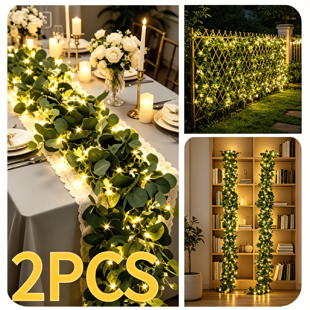 Lighted Eucalyptus Wreath, 2 Packs 6FT Green Flower Wreath Decoration, Artificial Simulated Eucalyptus Leaves Green Vine, Used for Table Runner Wedding Centerpiece Background Decoration(Warm Color)