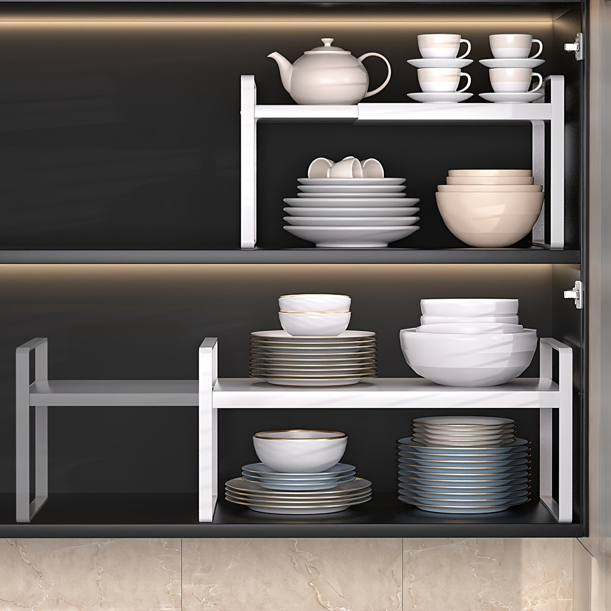 Adjustable&Extendable Metal Cabinet Organizer Rack-Space-Saving, Stackable Design for Kitchen Countertops&Cupboards-Ideal for Food Storage&Appliances with Pull-Out Shelves, Kitchen Organizer|Sleek Finish|Adjustable Shelving, Organizers And Storage