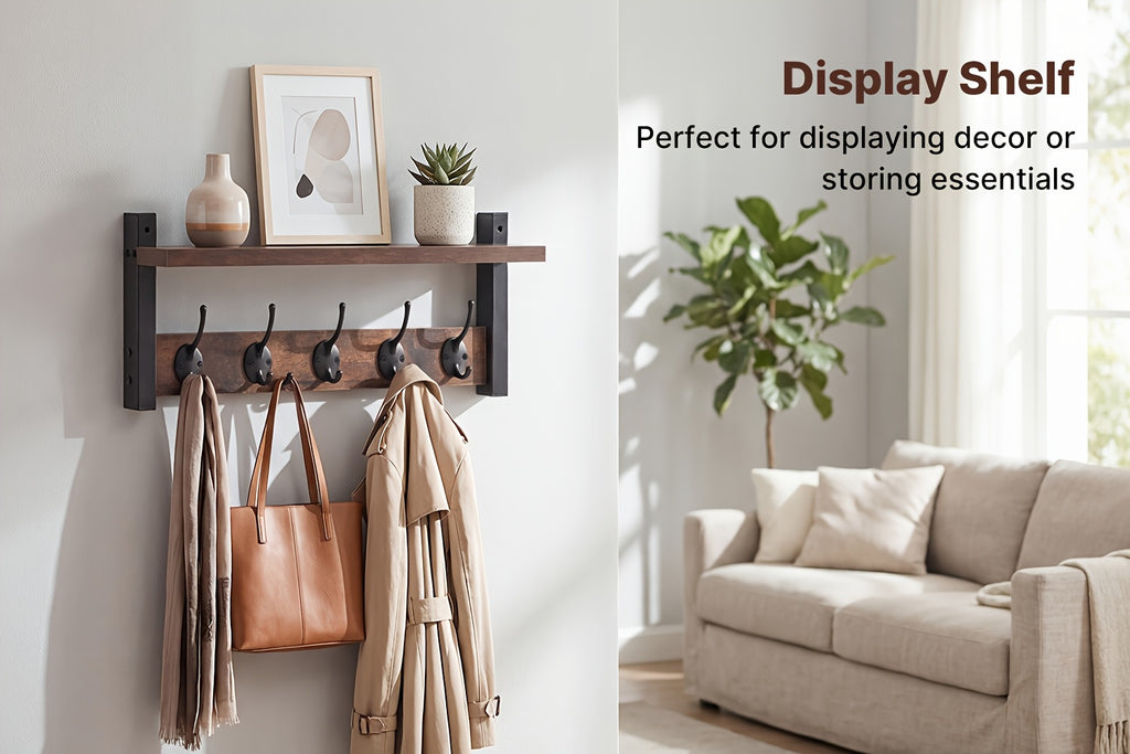 Wooden Wall-Mounted Shelf - Coat And Key Organizer with Floating Shelf And 5 Hooks, Key Rack for Bedroom And Entryway Storage, Towel Organizer for Bathroom, Suitable for Kitchen, Living Room, Bedroom, Bathroom