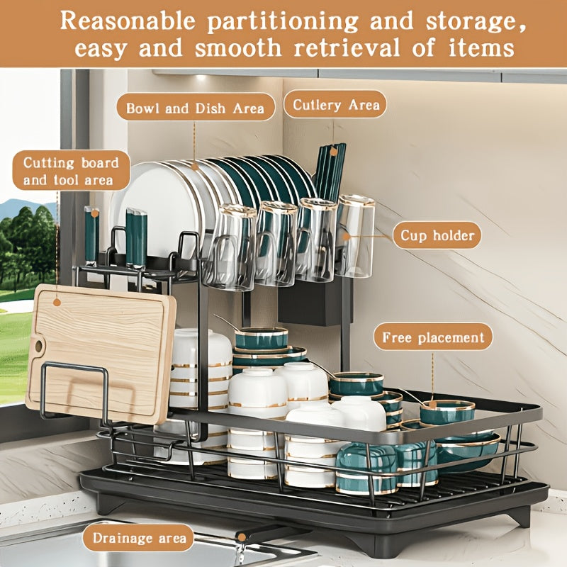 Double Tier Metal And Carbon Steel Cutlery Rack, Large And Durable, with Knife Fork And Cup Holders And Draining Board, Rustproof Two Tier, Space Saving for Kitchen Countertop, Make The Kitchen More Concise And Organized
