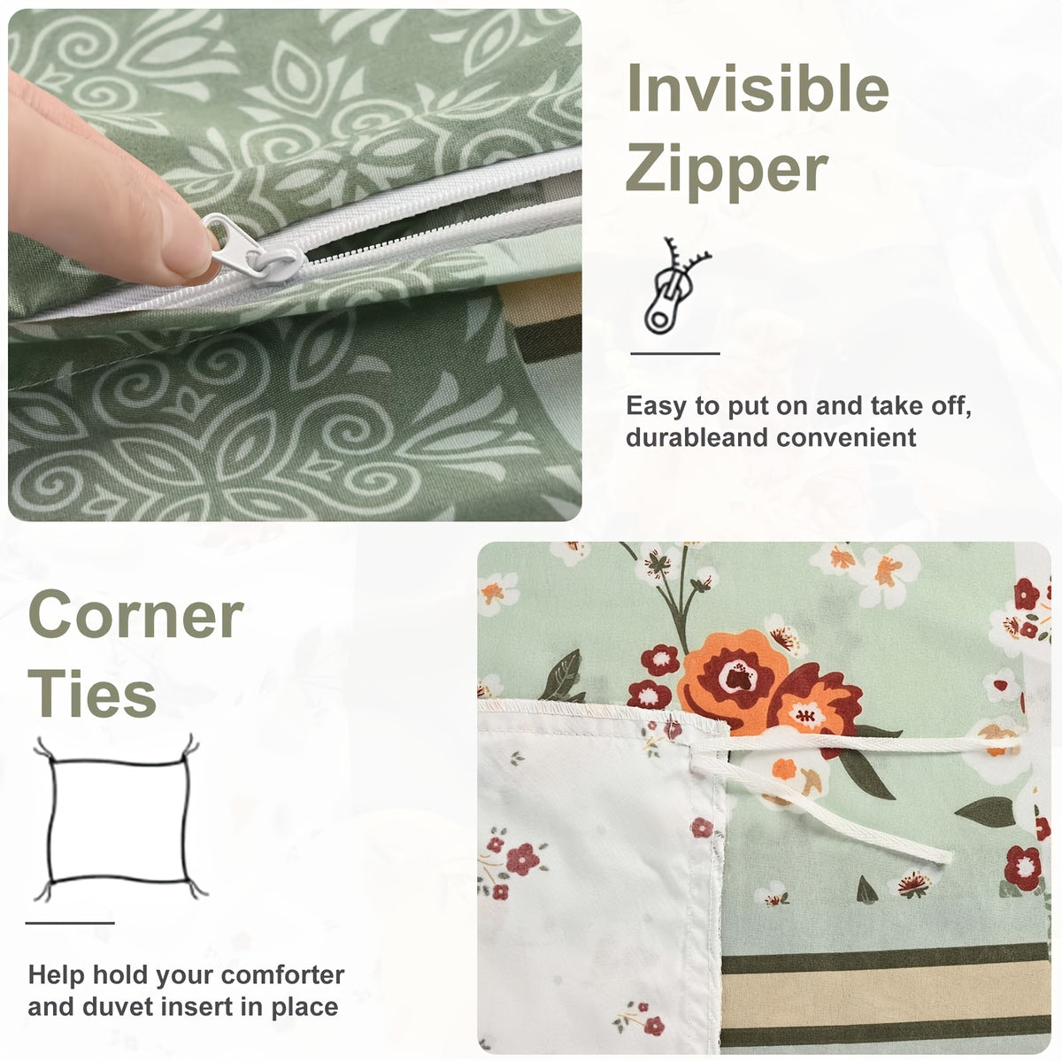 Floral Patchwork Duvet Cover Set, 3-Piece Lightweight Flower and Plaid Bedding with Zipper and 2 Pillowcases in Blue Green or Pink, No Comforter Insert