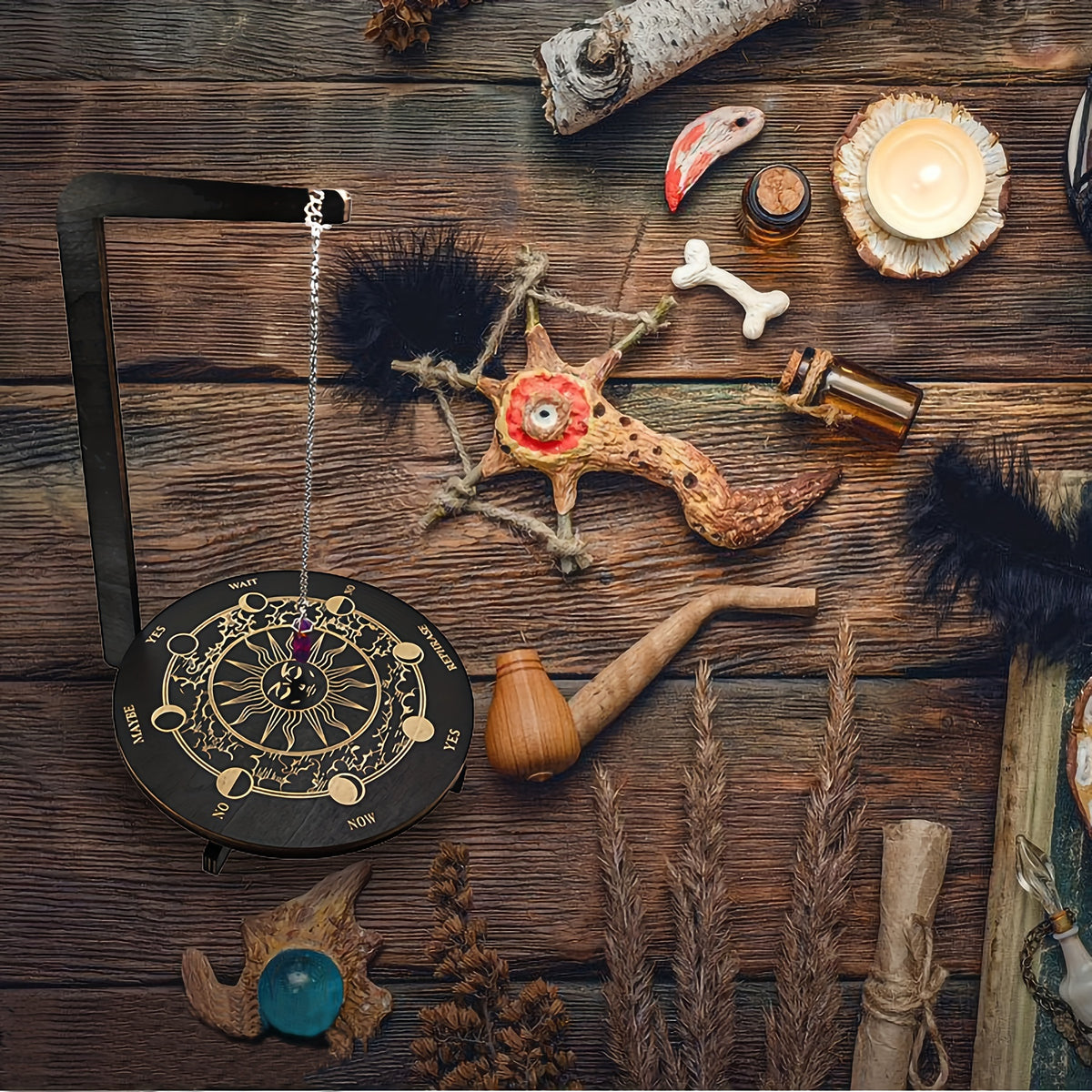 Three-Dimensional Wooden Stand for Divination, Featuring Witchcraft Elements, Crystal Display, And Altar Supplies. Ideal for Pendulum Use And Meditation