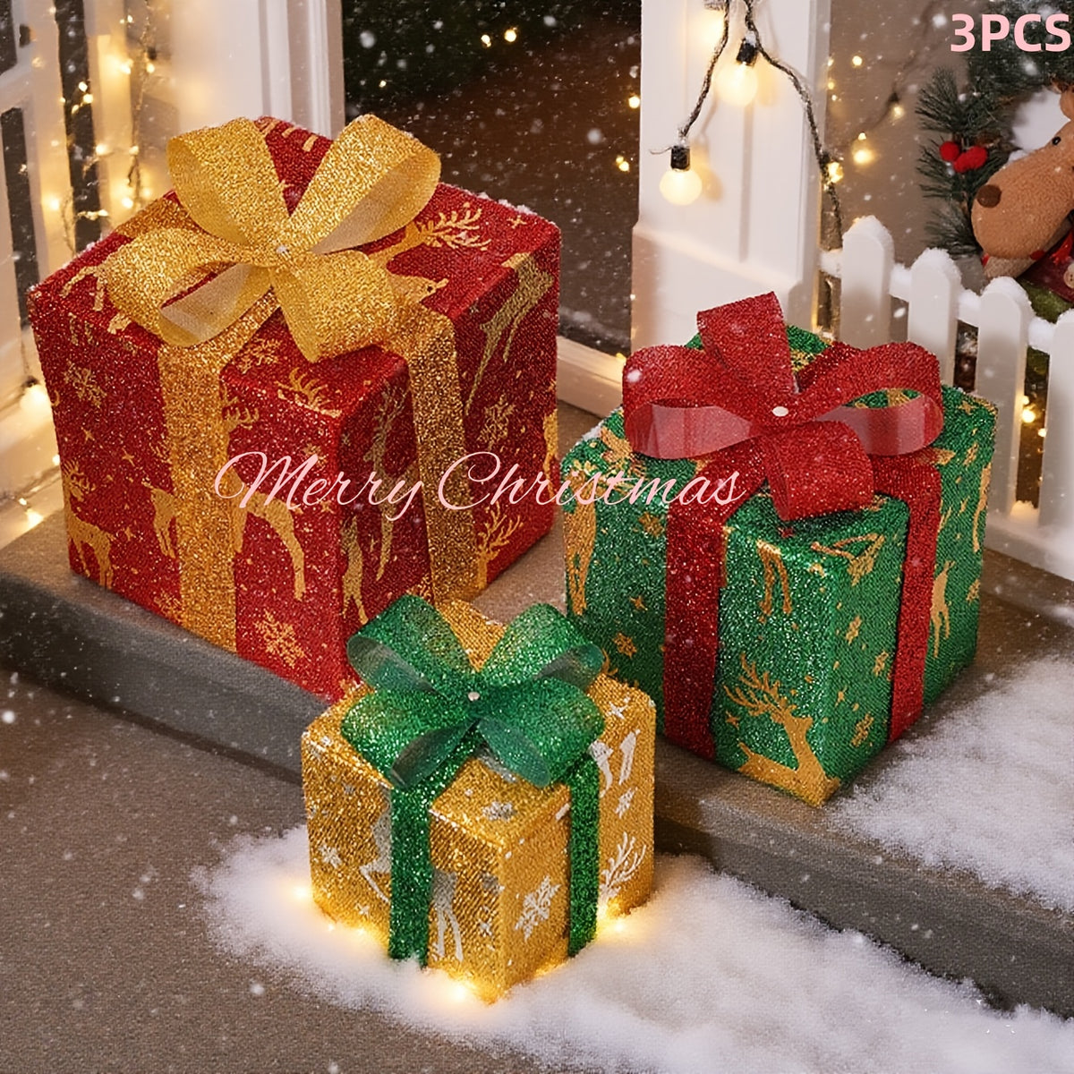 3-Pack 75-LED Christmas Gift Box Light Set - Warm Light Holiday Decoration, Indoor And Outdoor Use, IP66, with Remote Control And Timer, 8 Modes Flashing Gift Boxes, Home Ornament; Christmas Decoration, Outdoor Christmas Lights
