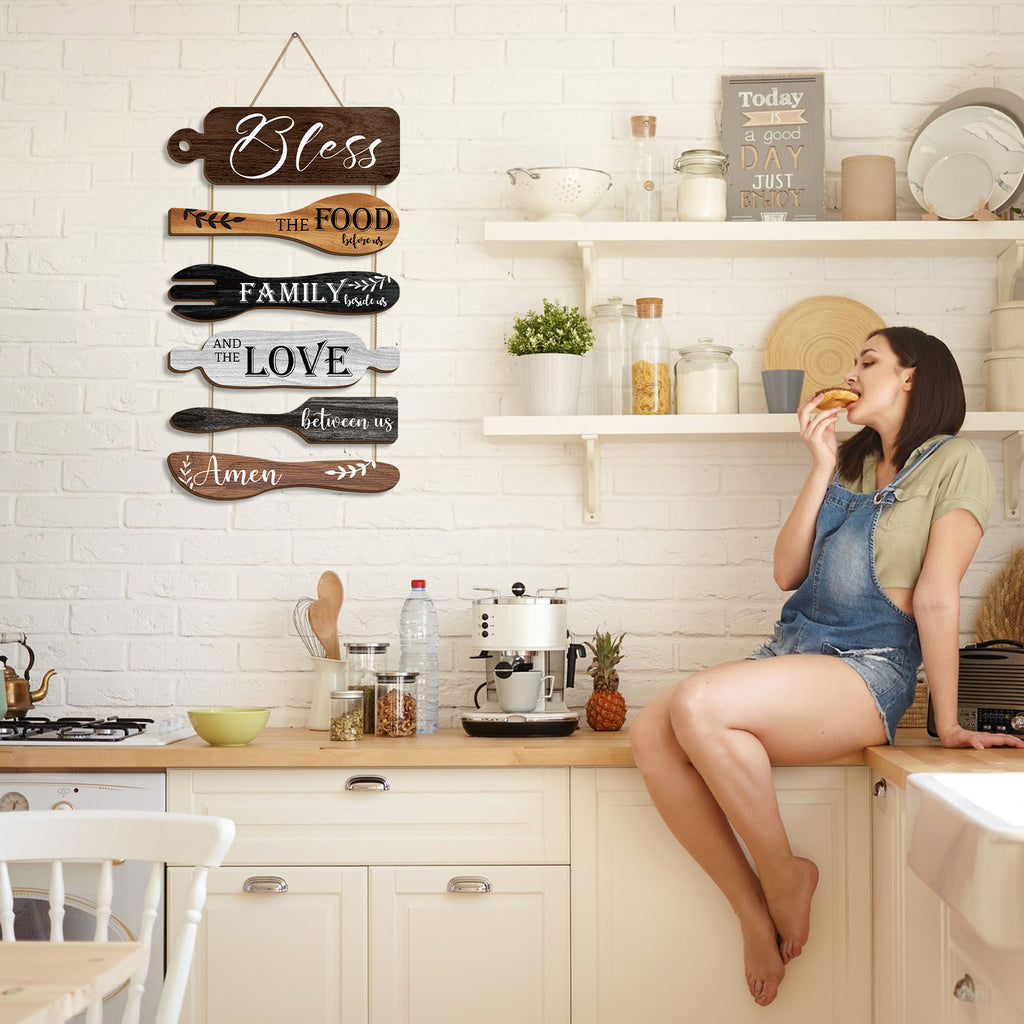 6 Pieces Bless The Food Before Us Farmhouse Kitchen Wall Decor Wood Board Set - Dining Room Decor Hanging Wall Art, Simple Rustic Style - Wood Rope Plaque Sign