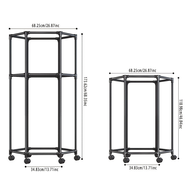 Hexagonal Rotating Garment Rack with Wheels - Heavy-Duty Freestanding 360-Degree Spinning Hanger Suitable for Laundry Room, Space-Saving Mobile Clothing Display, Sturdy Metal Frame for Home Storage & Retail Use, Portable Wardrobe