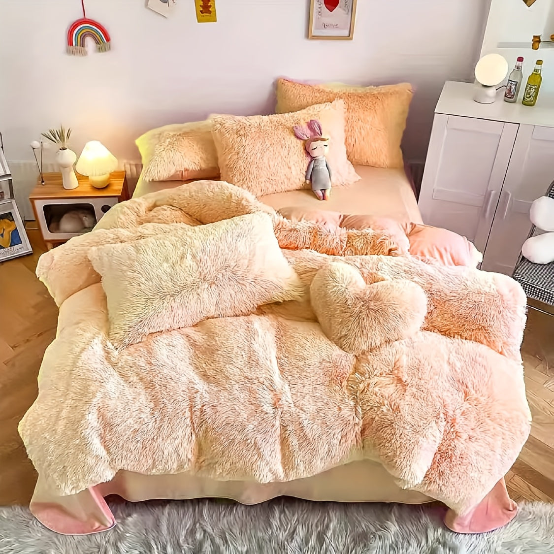 3/4pcs Plush Faux Fur Comforter Cover Set for Kids & Teens - Includes Pillowcases + Plush Heart Pillow - Twin/ Queen/ King Sizes - Super Soft, Warm, Machine Washable (Duvet Cover Only, No Comforter)