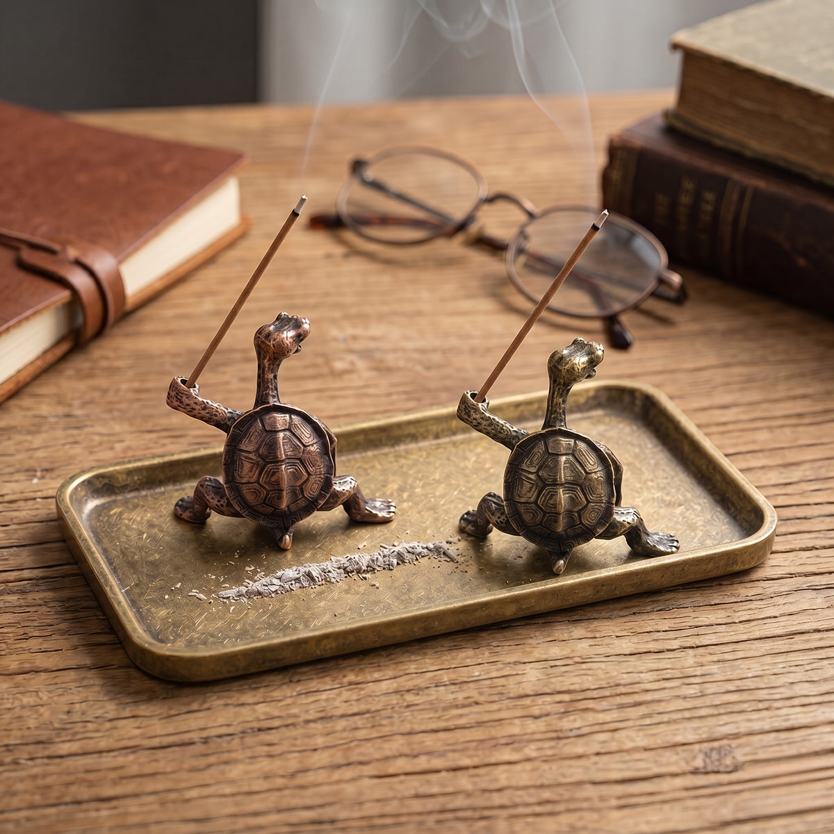 2pcs Brass Turtle Incense Holder - Kung Fu Style, Creative Home Decor Craft, Meditation Holder Brass Turtle And Red Copper Turtle