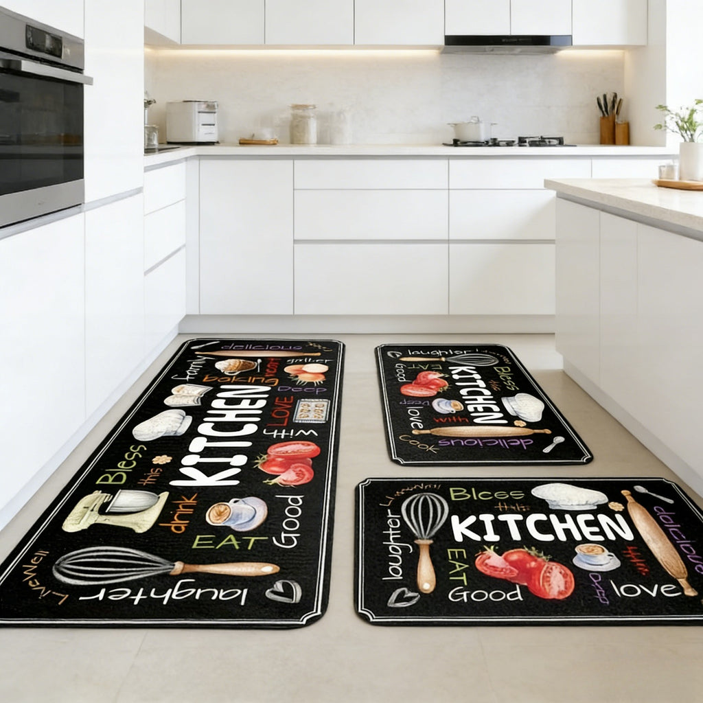 Bless This Kitchen Floor Mat Set, 3-Piece Black Decorative Rugs with Colorful Utensil and Food Print for Sink Areas, Cooking Spaces and Home Decor