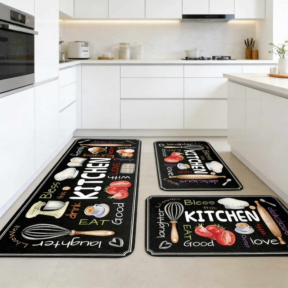 3pcs Set Of Kitchen Floor Mats, Designed with Colorful Fonts And Tableware, Soft And Comfortable, Easy to Clean, Suitable for Kitchen, Bathroom, Living Room, Home Essentials, Gifts for Family And Friend, Kitchen Accessories, Halloween Decorations