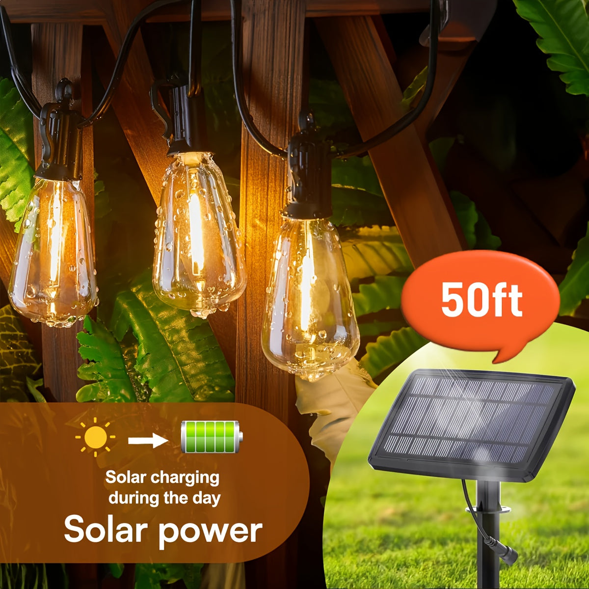 50/ 100 Ft Solar Outdoor String Light, Usb-Rechargeable Patio Rope Light, 2700K Warm White, Weather Resistant Material, 12+1/ 24+1 Breakproof ST38 E12 Bulb for Patio, Backyard, Porch, Outdoor Pool