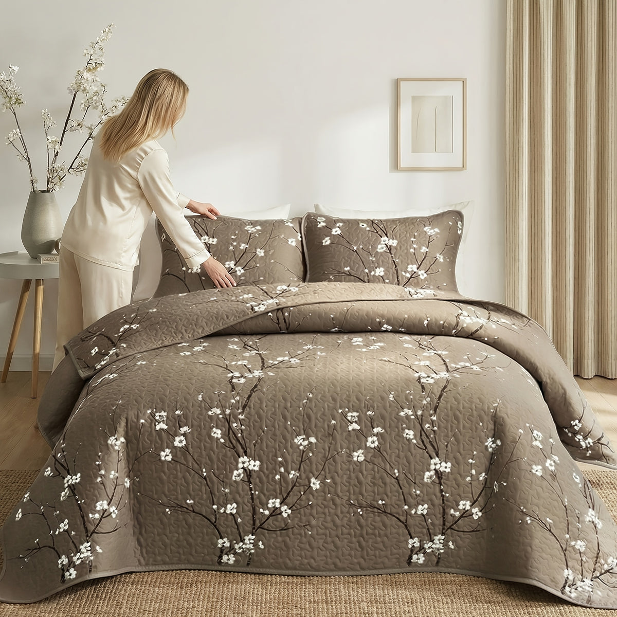 2/3pcs Multicolour Tree Branch Plum Blossom Quilted Quilt, 1pc Quilted Quilt+ 1/2pcs Pillowcases, Soft Breathable Comfortable Portability Hypoallergenic Machine Washable Bed Cover Bedding Room Decor, Twin/ Queen/ King Size