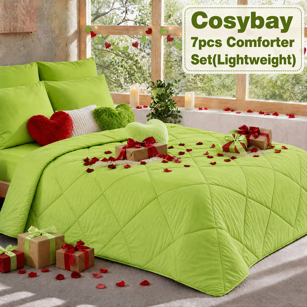 Cosybay 7 Piece Pinch Pleated Comforter Set Queen King Size, Luxury Soft Fluffy Bedding Includes 1 Comforter, 1 Extra Deep Pocket Fitted Sheet, 1 Flat Sheet, 4 Pillowcases & Pillow Covers, Perfect for Halloween Party, Holiday Celebrations & Birthday