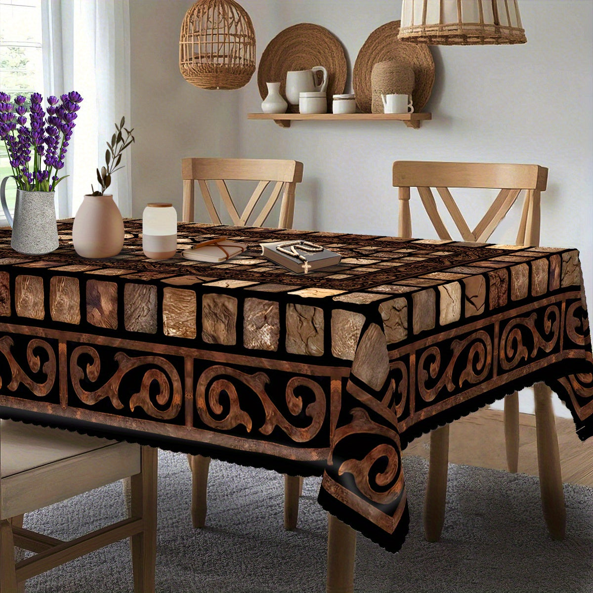 Brown Floral Tablecloth, Vintage Stone-Pattern Polyester Table Cover in Round and Rectangular Sizes for Rustic Dining Room and Traditional Home Decor