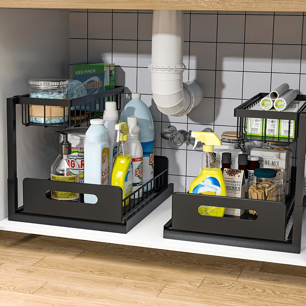 1pc Kitchen Storage Rack for Sink Organization And Storage, Sink Organizer, Sliding Pull-Out Cabinet Organizer, Metal Sliding Drawer, for Kitchen, Bathroom, Refrigerator, And Cabinet Organization, Easy And Practical Essential Kitchen Storage Item