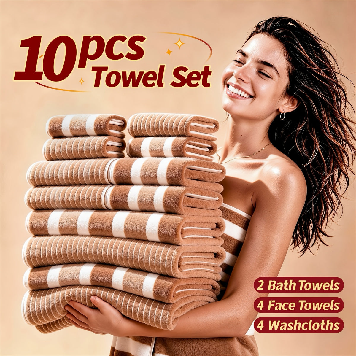 10pcs/3pcs/1pc Towel Set, No Hair Loss, Super Water Absorption, Ultra-Soft Microfiber Beach Towels for Adults, Super Soft Five-star Hotel Standard Two-color Striped Interval Bath Towel Combination(11.81x11.81inch, 13.78x29.53inch, 27.56x55.12inch)