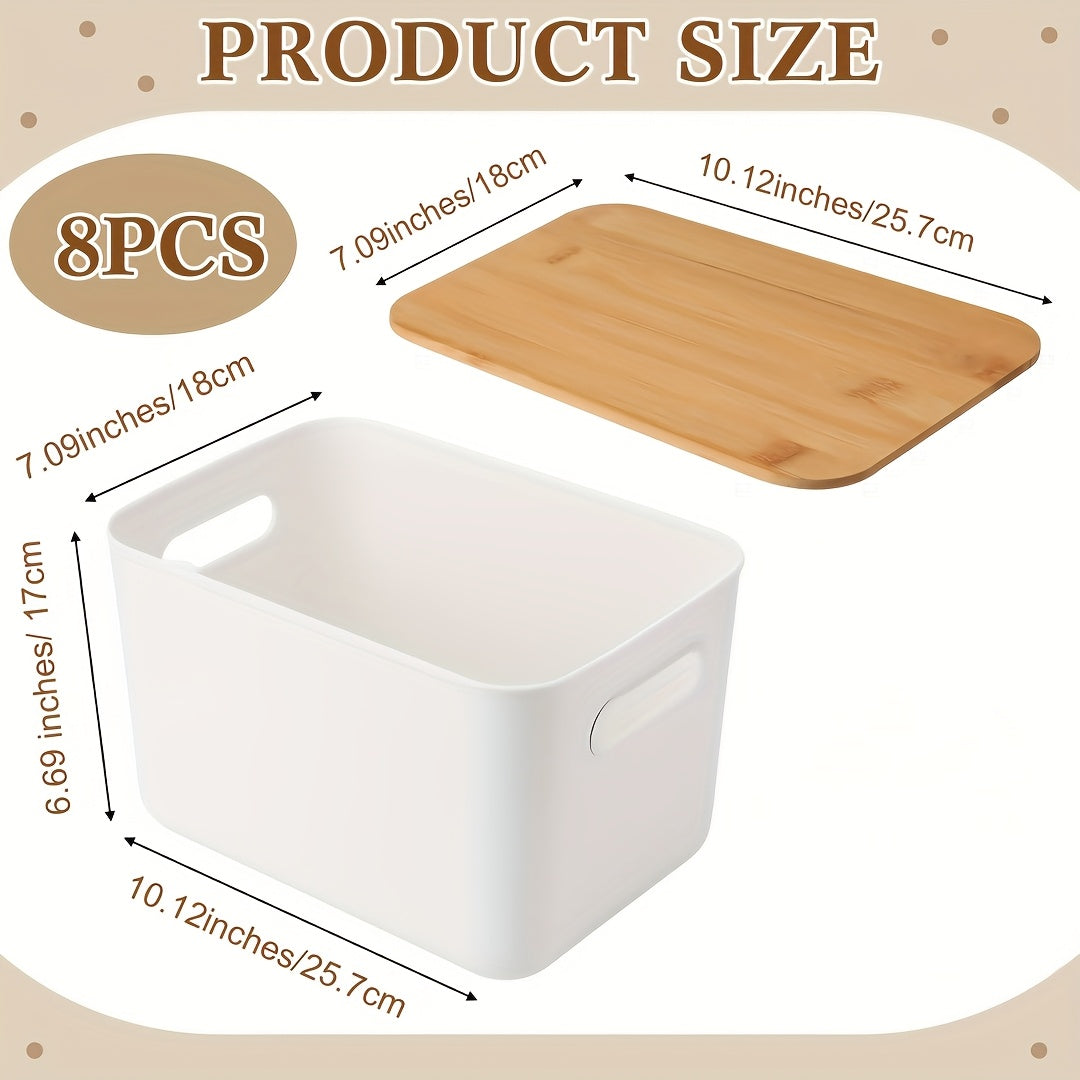 8/4/2/1pc Storage Bins with Woods Lids Plastic Storage Containers for Organizing Stackable Storage Box with Handle, Medicine Cabinet Organizer, for Bookshelf, Storage Organizer for Home, Office, Desktop, Playroom, Classroom, White