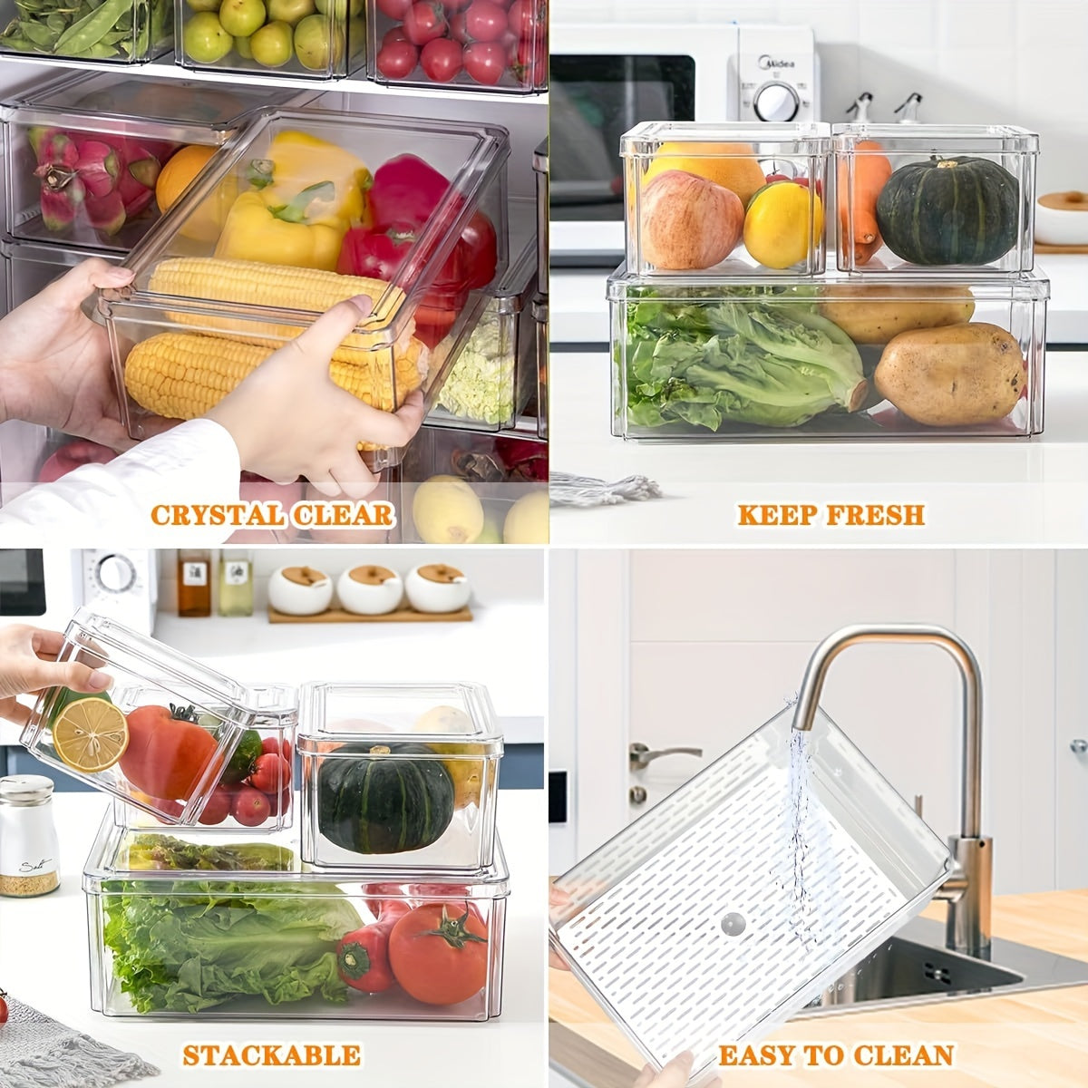 14pcs Food Organizers, Stackable & Reusable Fresh Food Boxes, Stackable Refrigerator Organizer Bins with Lids, Clear Fridge Organizers And Storage for Kitchen, Countertops, Cabinets, Fridge, Fruits, Vegetable, Cereals