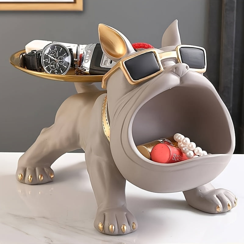 Modern Decorative Resin Bulldog Tray Statue, Dog Tray Storage Entrance Keychain, Candy Jewelry Earring Tray, Suitable for Home Decoration, Modern Art Dining Table Decoration, Office Christmas And New Year Decorations