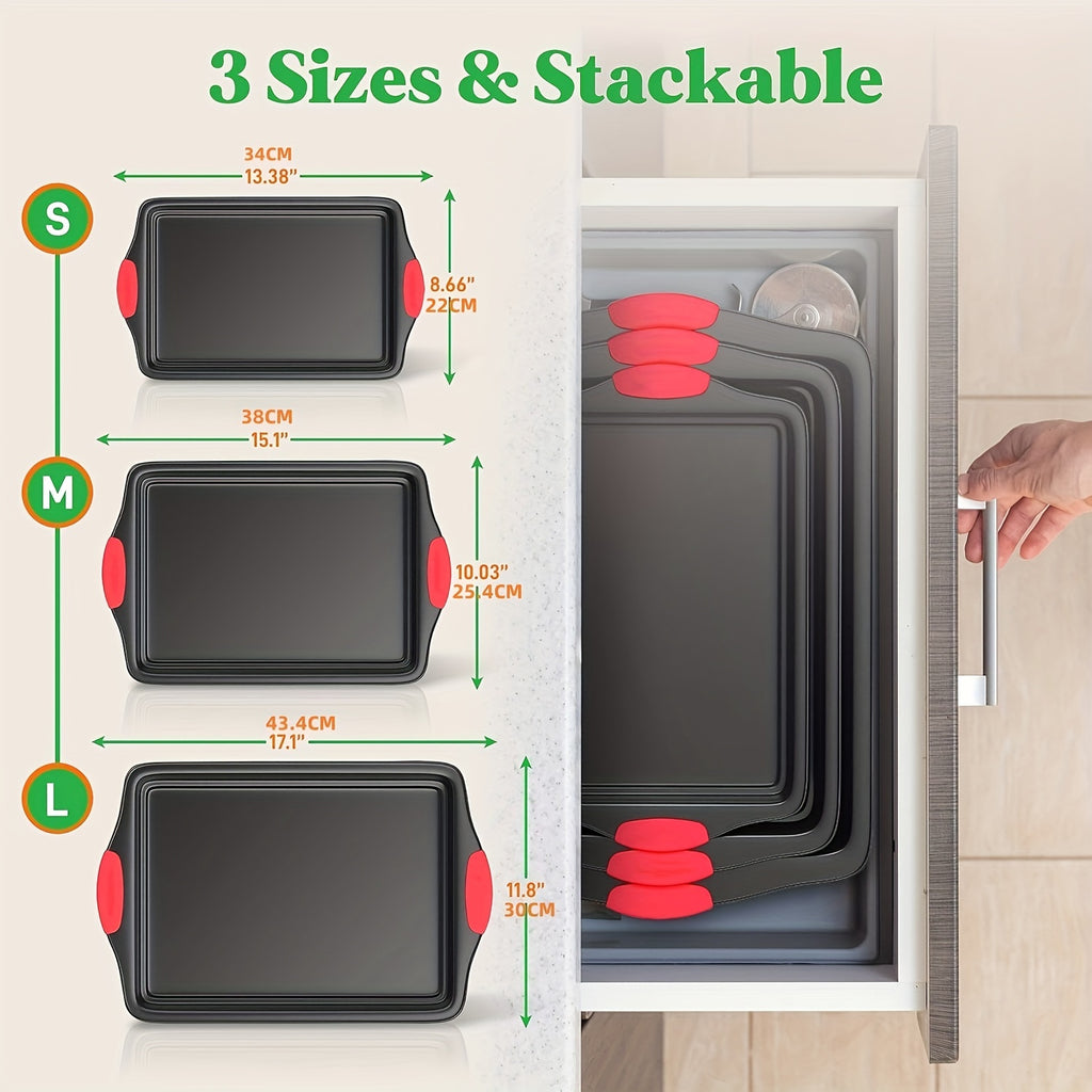 3/9pcs Carbon Steel Non-stick Kitchen Oven Baking Pan, Luxurious And Fashionable Non-stick Inside And Outside, Commercial Grade Restaurant Quality Metal Baking Pan, With Red Silicone Handle