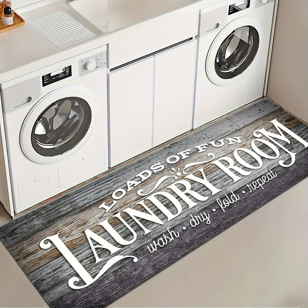 Non-Slip Laundry Room Mat- Heavy Duty Washable Rubber Backing Carpet, Dark Brown/Gray Wood Grain Design, Suitable for Laundry Room, Kitchen, Bathroom- Easy to Clean Home Carpet, Rustic Style, Durable Structure, Practical Home Item