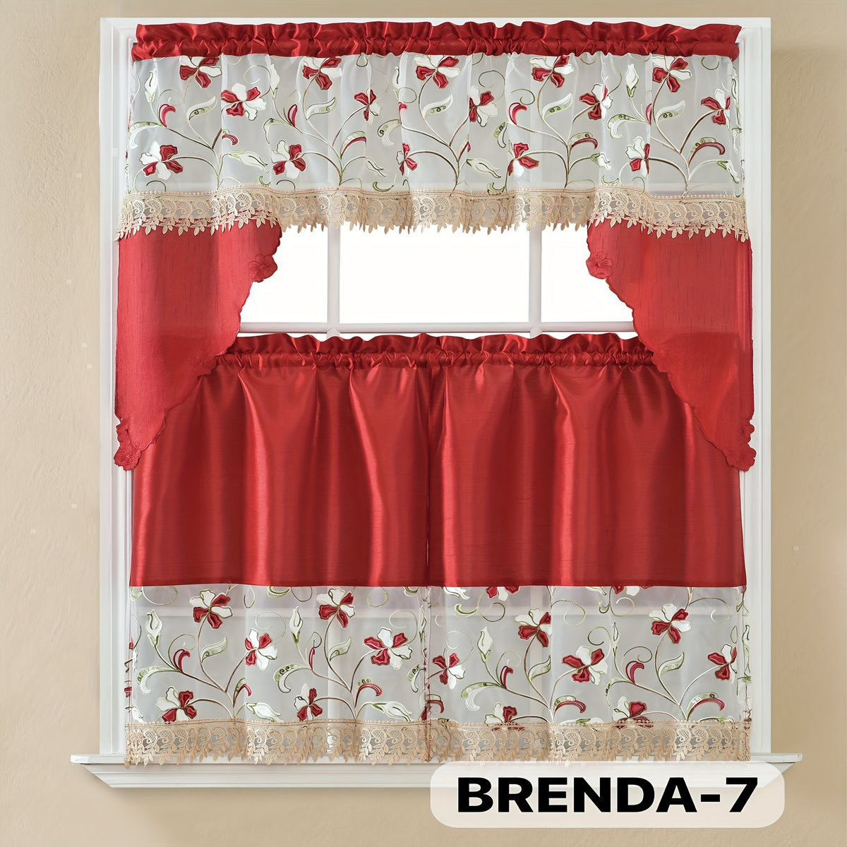 3pcs Bamboo Embroidered Kitchen Curtain Set, Floral Embroidery, Lightweight and Soft, Easy Care, Machine Washable, Satin Fabric, Embroidered