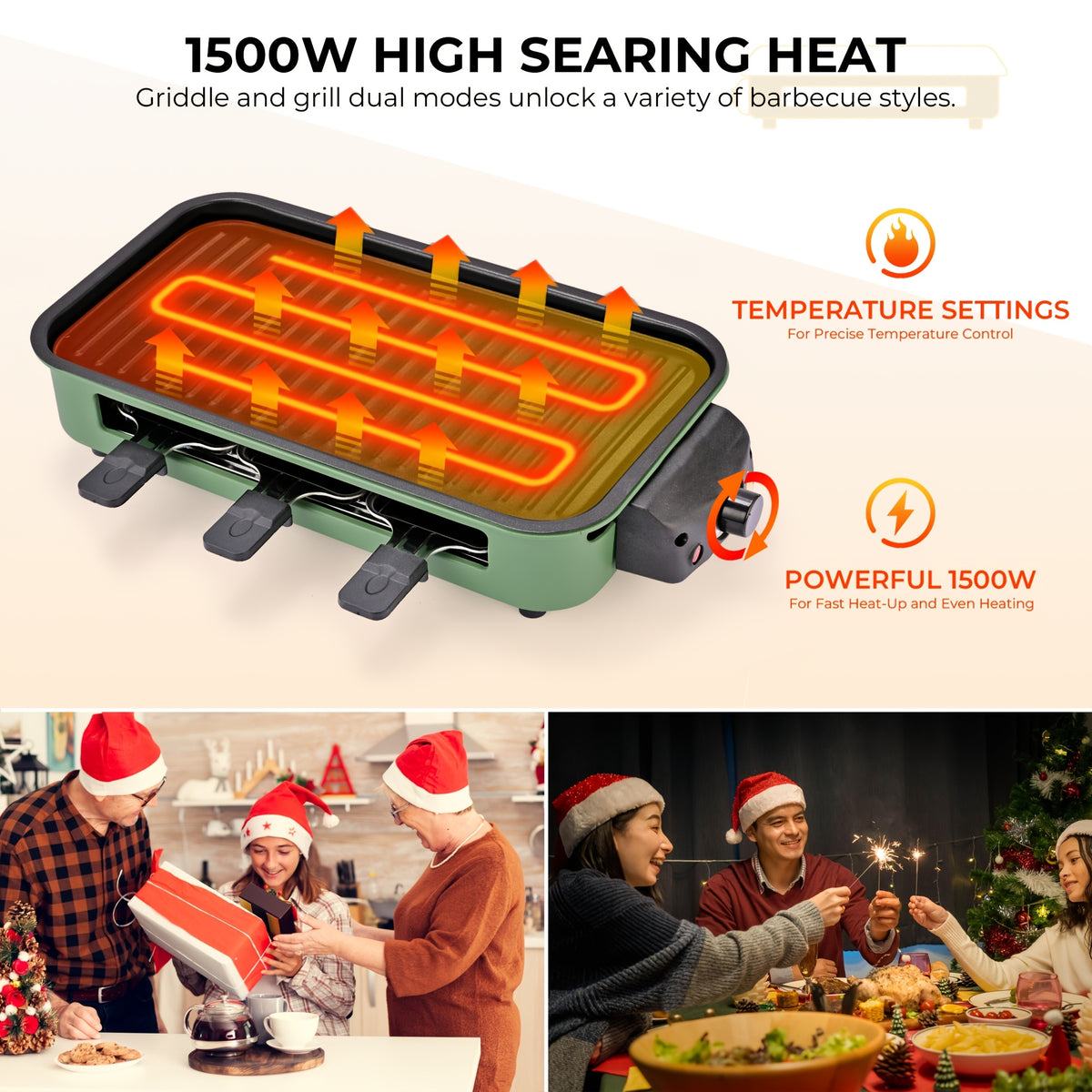 Electric Smokeless Grill Indoor BBQ Grill & Griddle with Non-Stick Removable Plate, Portable Suitable for, Dishwasher Safe, 1500W Fast, 304 Stainless Plate & Hot Pot, Gifts for Christmas, Compact for Small Spaces