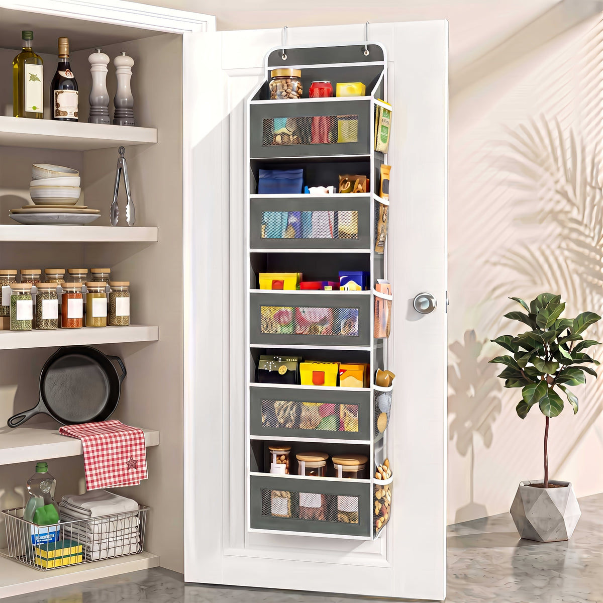 Door Storage Organizer, 5-Tier Hanging Over-the-Door Organizer with 5 Large-Capacity Pockets, Anti-Tip 44 Lbs Load Capacity Back-of-Door Storage Organizer, Suitable for Bedroom, Bathroom, Pantry, Room Storage And Collection Use, Cabinet Hanging Door