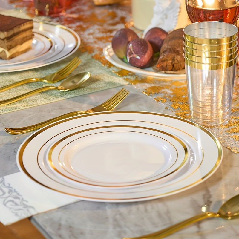 Set of 350/700 Golden/Silver Disposable Plates for 50/100 Guests, Disposable Plastic Plates for Parties, Wedding, Graduation, Birthday, Dinnerware Set of Dinner Plates, Salad Plates, Cutlery, Cups And Napkins