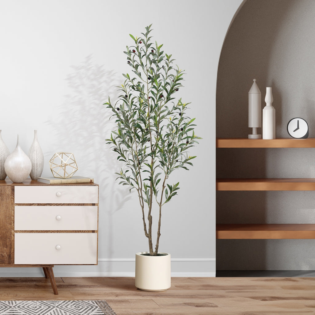 Large Artificial Olive Tree with Multi-Trunk, Realistic Silk-like Leaves & Fruits in Beige Planter - Indoor/Outdoor Fake Olive Tree for, Office, Mediterranean Decor - Low-Maintenance Plant with Container (No Watering/Easy Setup)