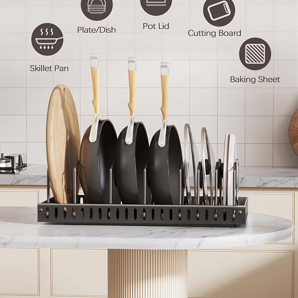 [Kitchen Accessories] 1/2Pcs Cabinet Pull-Out Pot Rack, A Sliding Pot Lid Holder And Flat Pan Holder For The Kitchen, A Sliding Storage Box Within The Cabinet, Suitable For Storing Pot Lids, Baking Utensils, And Plates. 8/16 Adjustable Dividers. Kitchen A