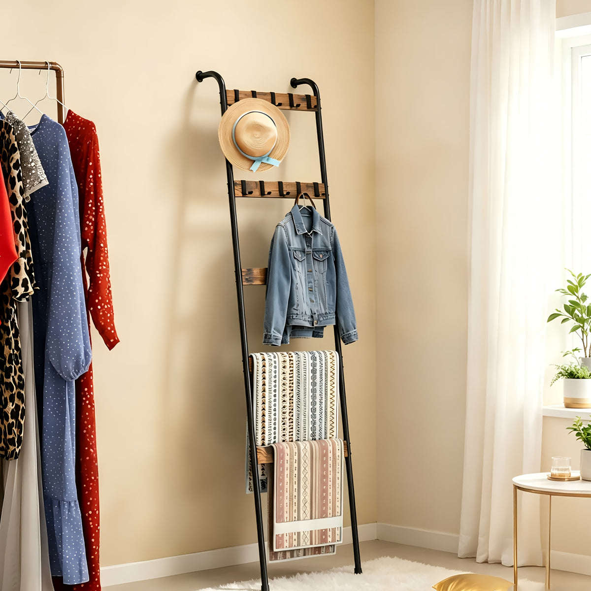 Blanket Ladder, 5 Tier Blanket Holder with 10 Removable Hooks, Farmhouse Style Blanket Ladder for Living Room Bathroom, Decorative Wall Mounted Wooden Quilt Standing Towel Drying Storage Rack