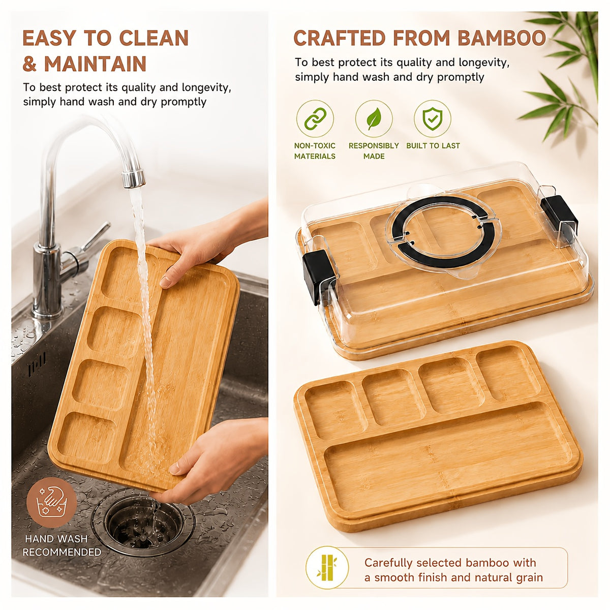 Cutting Board Charcuterie Tray with Clear Lid, 5-Compartment Bamboo Serving Board with Handle And Side Locks, Reusable Snack Platter for Cheese, Fruit, Crackers, Appetizers, Party, Picnic, Kitchen, Holiday Gathering