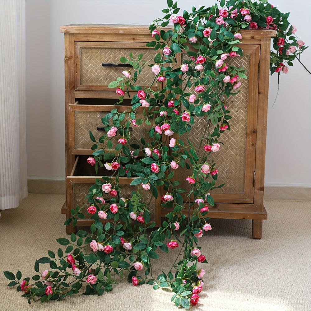 1 Double Pink Rose Vine - Artificial Garland with Richly Layered Petals, Soft Color Transitions, and a Design That Closely Mimics the Form of Real Roses. Paired with Lush Foliage, It Creates a Vibrant, Natural Vitality. Perfectly Blends into French
