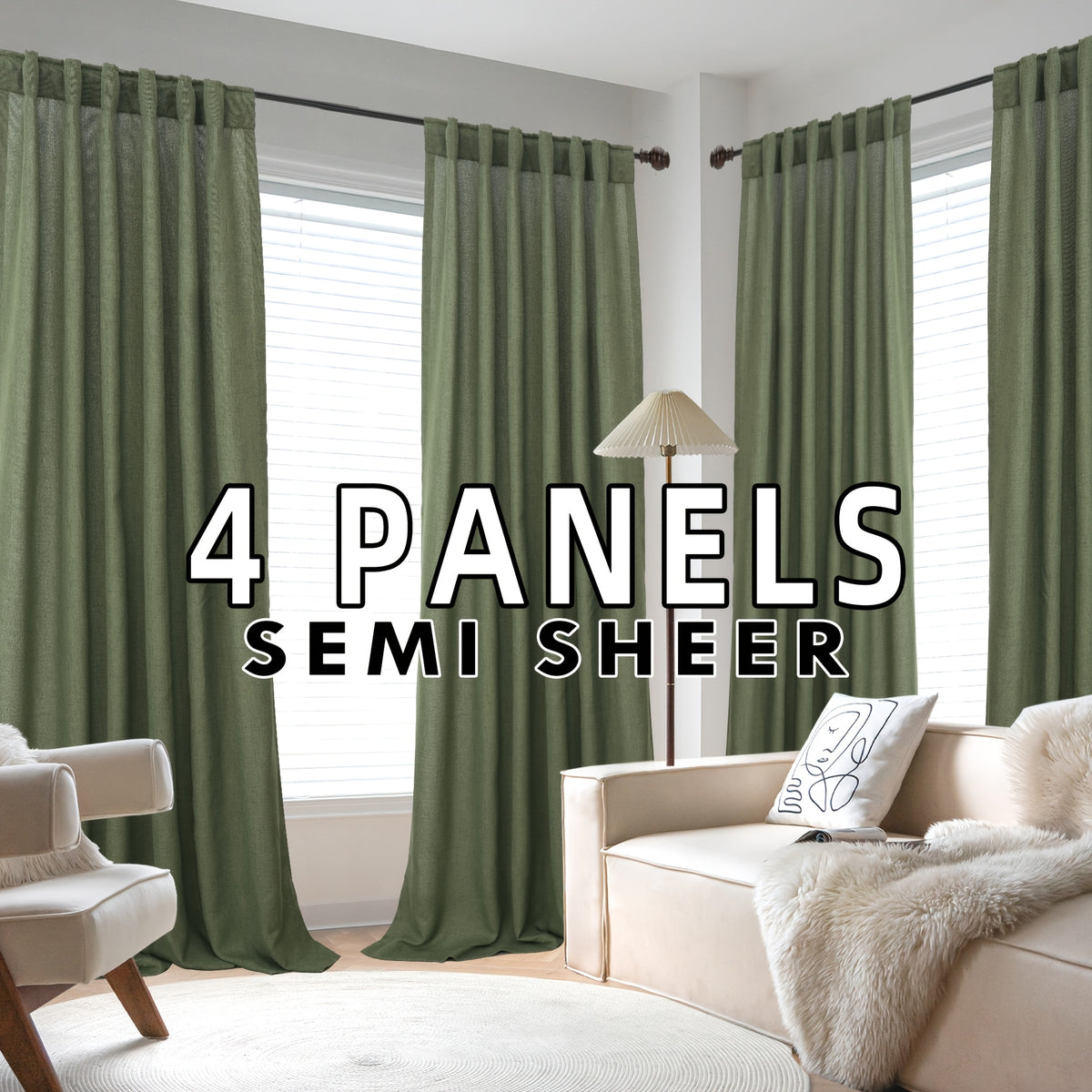 4 Panels Natural Linen Curtains for Living Room Semi Sheer Farmhouse Real Flax Rod Pocket Back Tab Boho Rustic Light Filtering Window Drapes for Bedroom Privacy Assured