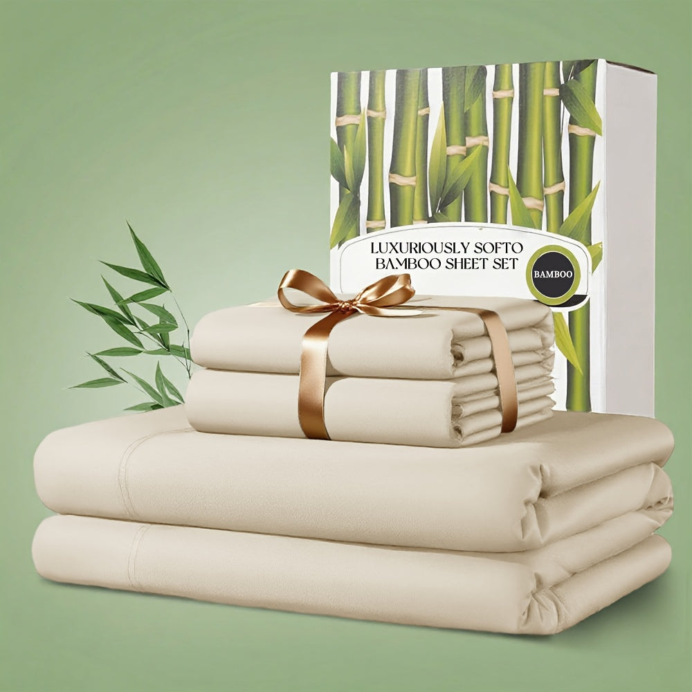 4pcs Bamboo Bed Sheet Set, 2200 TC Cooling Fabric, Bamboo Fitted Sheet Set, Extra 18"-24" Deep Pocket, Cooling & Breathable with Smooth Feel, Queen Size Sheets Ultra Soft for Hot Sleepers, Shrink, Fade Wrinkle Resistant, Hotel Quality Bamboo Sheets