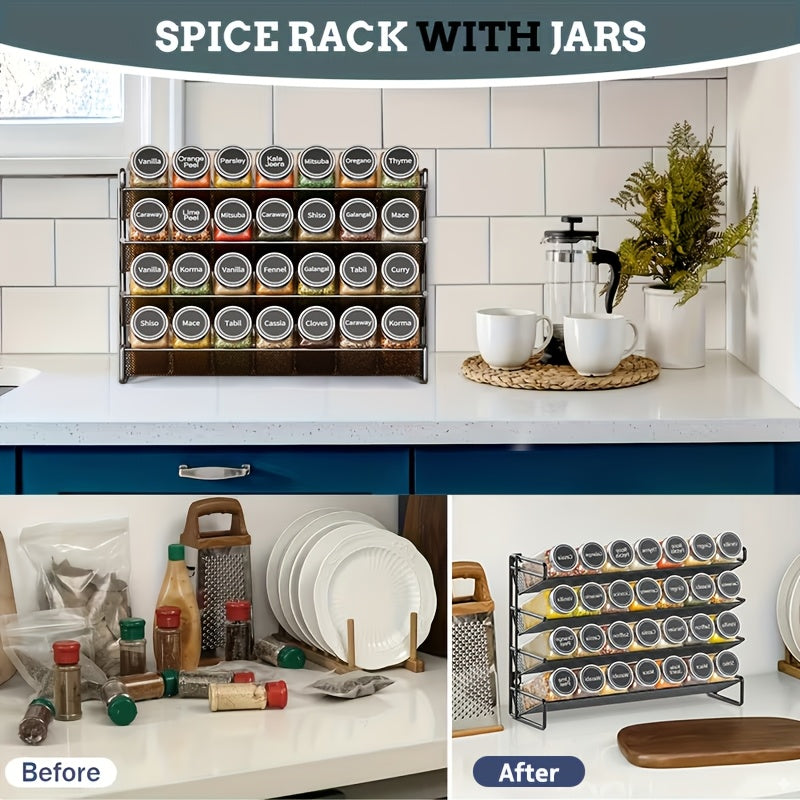 Spice Organizer With 28 Jars, 386 Labels, Chalk Marker And Funnel, For Cabinet, Countertop, Pantry, Cupboard Or Wall Mount, 13.4" W × 10.8" H, Black