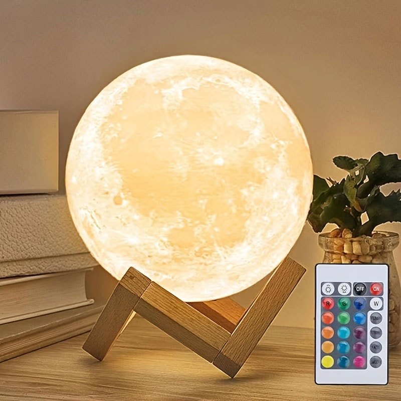 16-Color RGBW LED Moon Lamp with Remote Control & Wooden Stand - 3D Printed Night Light, USB-Powered Bedside Lighting, 6.1-Inch Realistic Moon Design for Bedroom, Room Decor, Birthday Gifts for Women, Moms, Friends (Plastic Construction