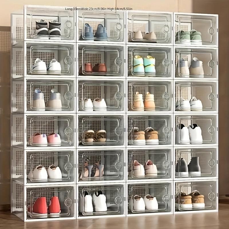 6/12/24pcs Thickened Transparent Shoe Boxes with Lid, Foldable Stackable Free Combination Shoe Rack, Plastic Sneaker Container, Space Saving Storage Organizer for Entryway Bedroom, Home Shoe Box Shoe Racks Shoe Storage Organizer Shelf