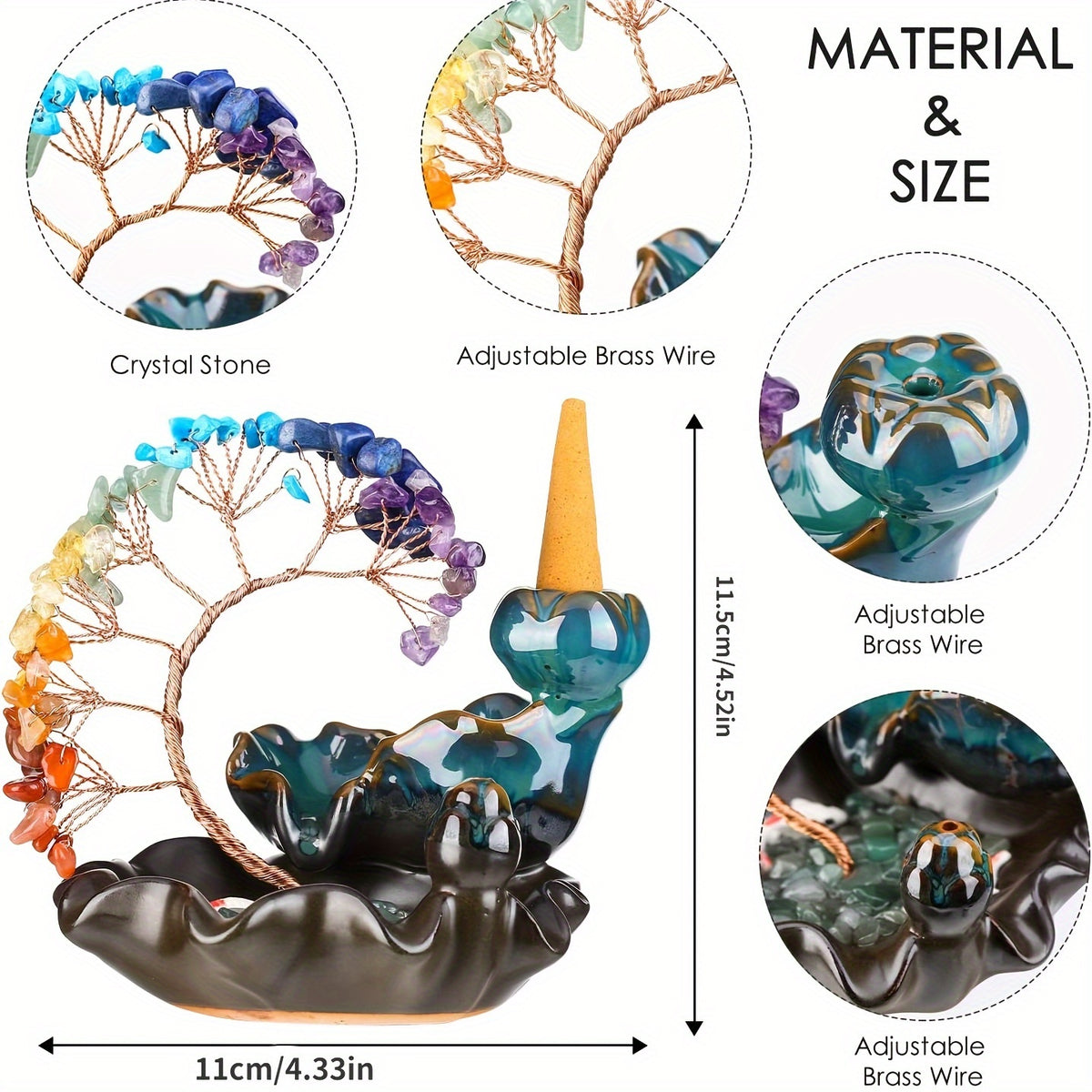 A Ceramic Incense Holder with 7 Flowing Water Crystal Money Trees, Suitable for Yoga Meditation And Home Decoration.