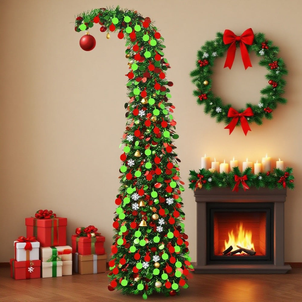 5ft Collapsible Pencil Christmas Tree, Easy Assembly Storage, Pop Up Christmas Trees Artificial Skinny Sequined Christmas Halloween Decoration for Fall Home Decor Fireplace Indoor Family Porch Holiday Xmas Winter Party Decorations