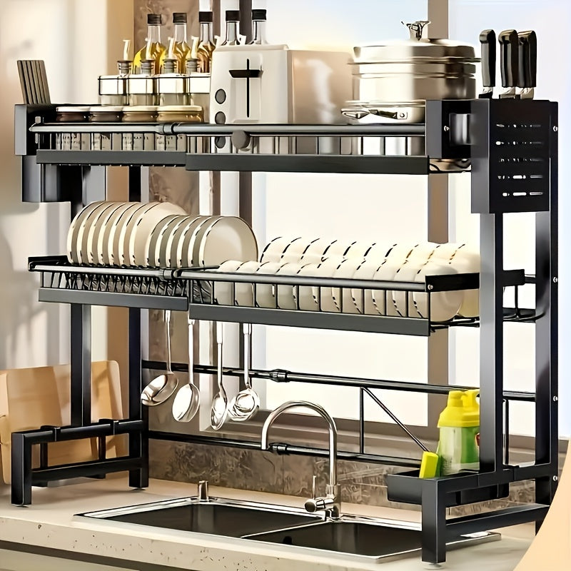 1pc Countertop Dish Rack & Drain Tray Extendable Kitchen Sink Shelf Dish Holder & Drain Rack Black Kitchen Storage Rack